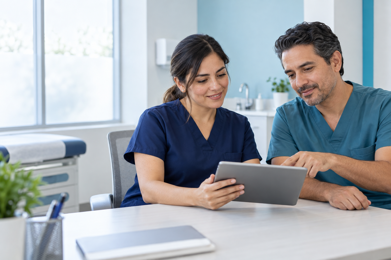 Escena ilustrativa de dos profesionales de salud revisando una tableta en un consultorio luminoso